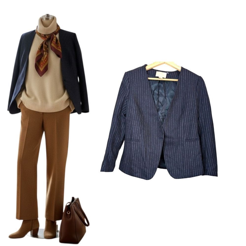 Pinstripe navy  wool v neck blazer